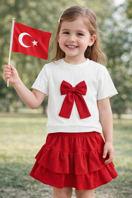 23 April Girls' Skirt T-Shirt Red and White Set 3-10 Years Old