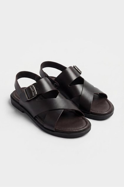 Brown Leather Sandals with Cross Straps and Buckle