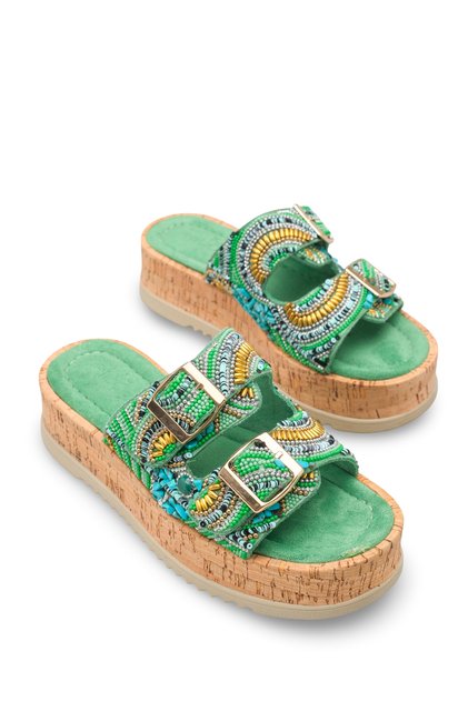 Elara Fia Women's Double Buckle Slippers 0012431 Green