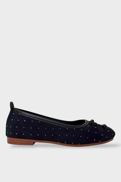Stone Bowknot Wooden Bead Detail Office Casual Women's Ballerinas Black