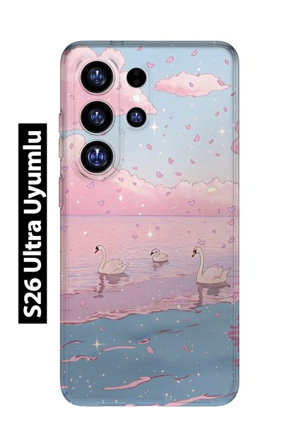 Samsung Galaxy S26 Ultra Compatible Pink Sky and Swan Pattern Transparent Phone Case