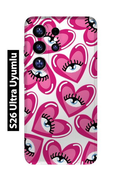 Samsung Galaxy S26 Ultra Compatible Pink Heart Eye Pattern Transparent Phone Case