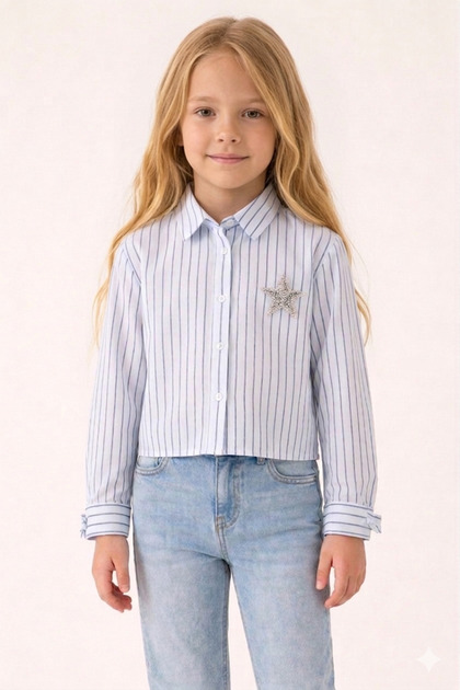 Girls' Cotton Long Sleeve Classic Collar Star Detailed Striped Shirt