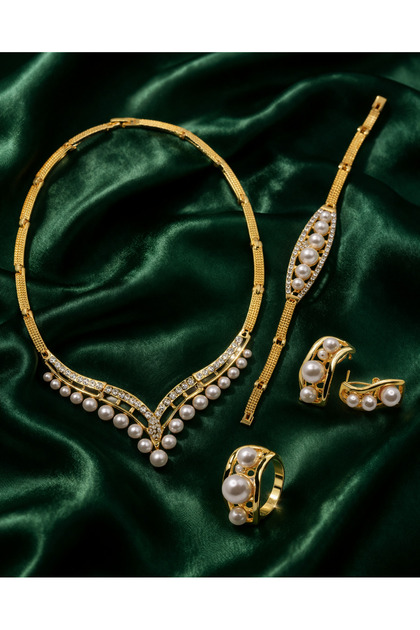 Emerald Kadın Kolye Küpe Bileklik Yüzük 4’lü Set, Lüks Abiye & Düğün Takı Seti, Şık Zarif Tasarım