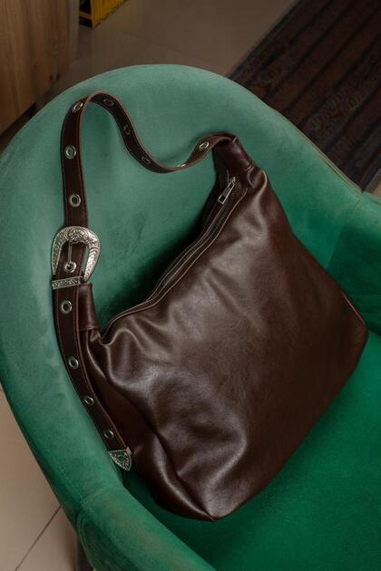 Vintage Belt Detailed Bitter Brown Shoulder and Crossbody Bag ((Marteniçka Bracelet Is a Gift! !))