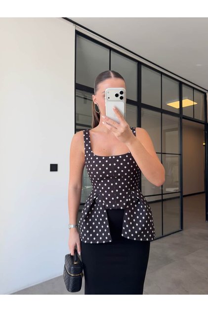 Square Collar Ruffled Polka Dot Blouse Brown