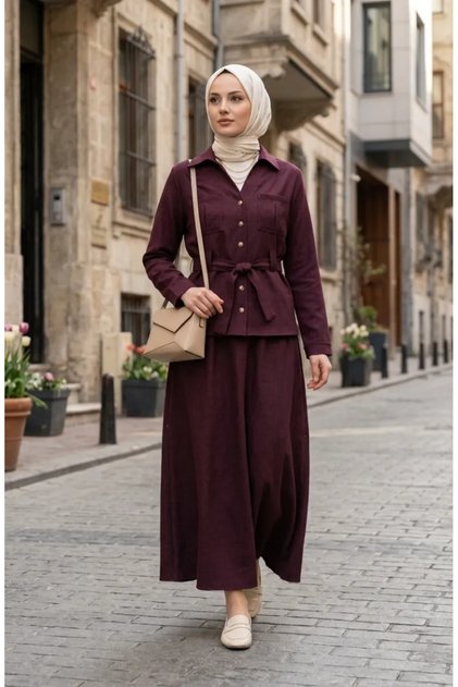 Linen Fabric Skirt Jacket Double Set 0256-01 Plum