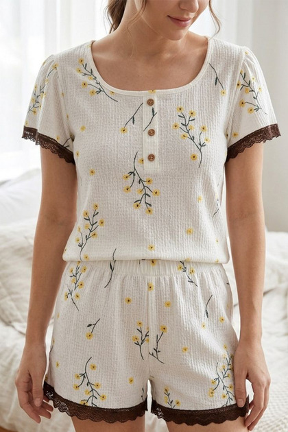 Lace Detailed Floral Printed Shorts Pajama Set 4584