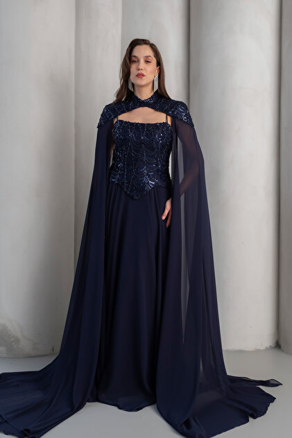 Lafaba Women's Navy Blue Shawl Long Sleeve Peplum Detail Long Evening Dress-  Trendyol