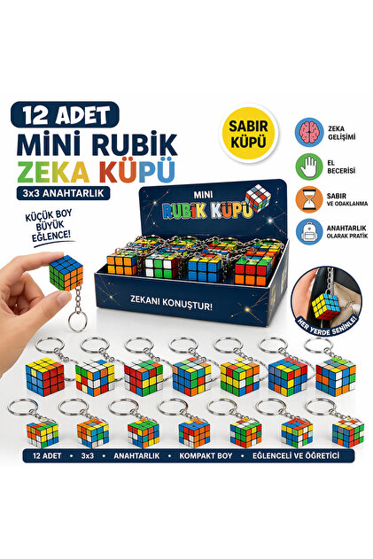 12 Adet Mini Rubik Zeka Küpü 3x3 Anahtarlık Sabır Küpü Eğitici Oyuncak Seti