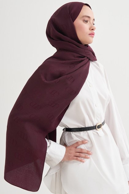 Monogram Desen Liora Pamuk Şal Cherry Bordosu