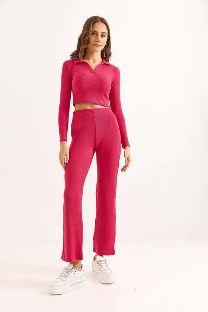 Women's Polo Collar Double Ribbed Suit Pink