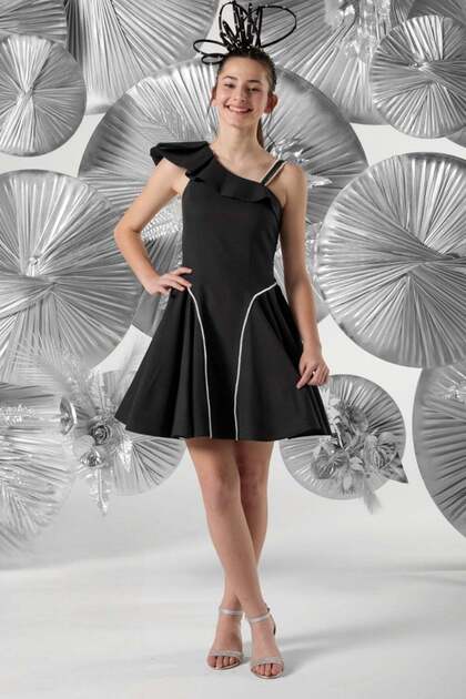 Mojo girls' one-shoulder ruffle detail short evening dress with stone embellishments, ages 10-15, black