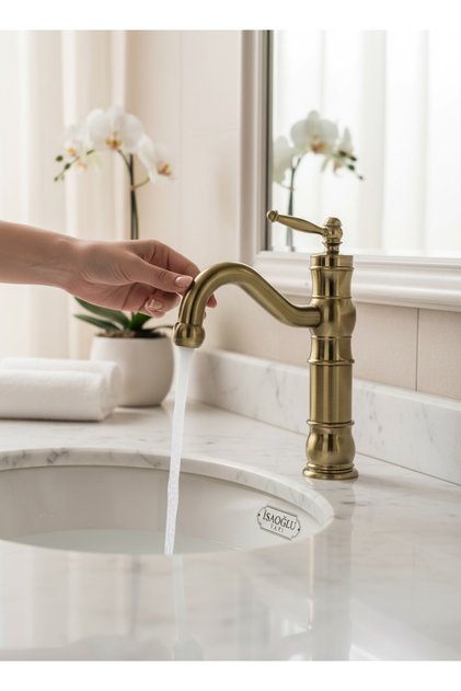Antik Gold Retro Lavabo Bataryası Koyu Eskitme Gold Lavabo Armatür Paslanmaz Pirinç Materyal