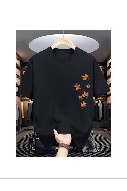 Maple Leaf Print T-Shirt - Short Sleeve Round Neck