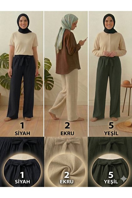 Women's Black Ecru Green 3-Piece Pack Seersucker Elastic Casual Wide Leg Pants Set