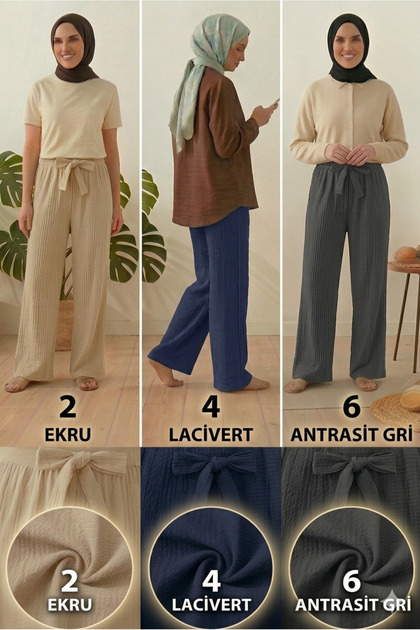 Women's Ecru Navy Blue Anthracite Gray 3-Piece Pack Seersucker Elastic Casual Wide Leg Pants Set