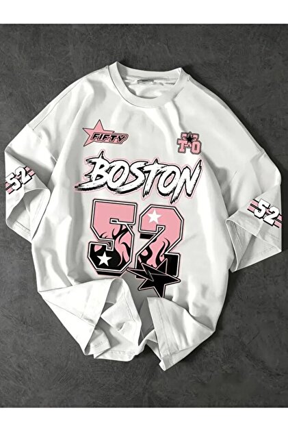 Boston 52 Grafik Tişört Beyaz Sokak Stili Tişört Baskılı Oversize T-shirt