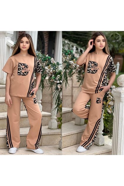 Girl's Summer Leopard Appliqué Detailed Side Stripe Double Tracksuit Set - Holiday Wear - 100% Cotton