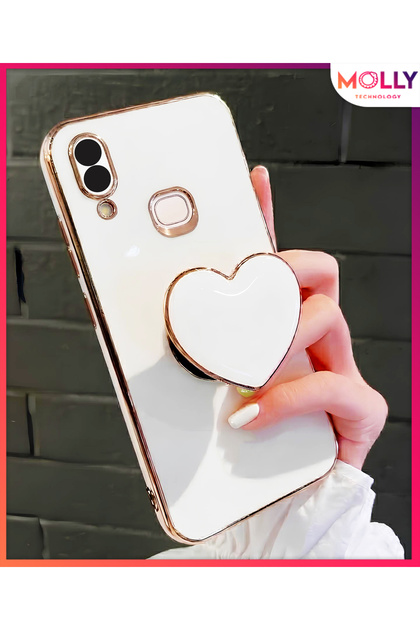 Luxury Silicone Case for Samsung Galaxy A10S with Pearl White Gold Detail and Heart Stand