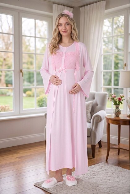 Lohussa New Season Pink Lace Summer Special Design 100% Cotton Full Length  Maternity Maternity Dressing Gown Nightgown Set- Trendyol