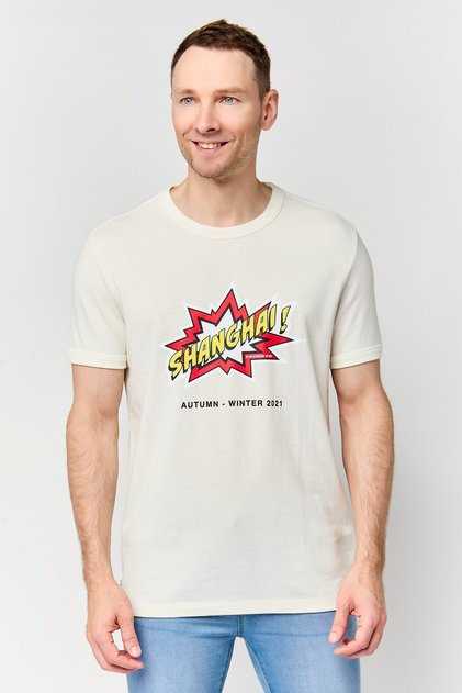 Men Crew Neck Short Sleeve Graphic Print T-Shirt, Beige