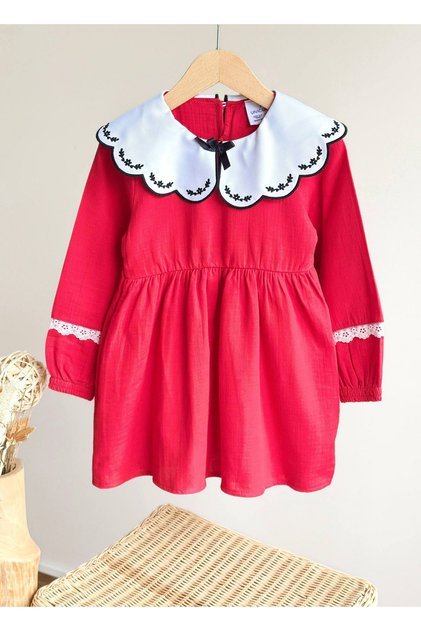 2-8 Years Old Girl's Red Vintage Holiday Dress | Muslin Baby Collar Lace Special Occasion Dress