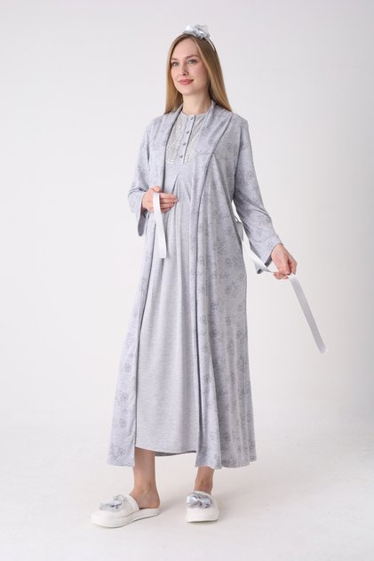 Melange Textured Lace Maternity Nightgown and Dressing Gown 2-Piece Set