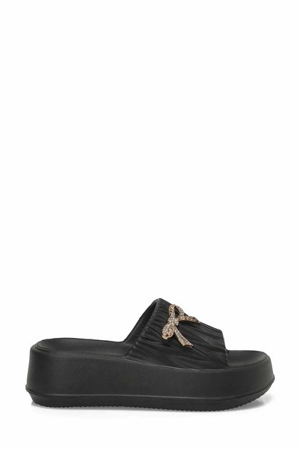 Women's Black Stone Bow Detailed High Platform Sole Comfortable Daily Slippers