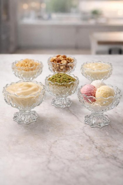 6-Piece Glass Footed Magnolia Turkish Delight Bowl, Ice Cream Bowl, Magnolia Bowl, Snack Bowl, Dessert Bowl, 110 ml