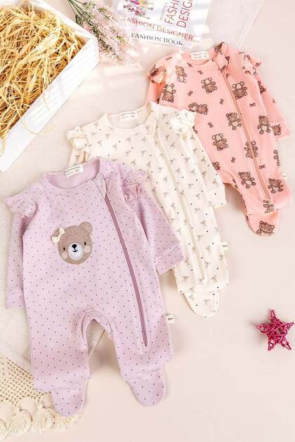 Girl baby 3-piece newborn romper set with zippered feet 100% cotton soft texture (0-3 months)