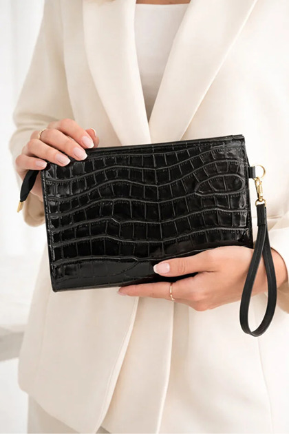 Zyn09 Women's Black Crocodile Patterned Patent Leather Portfolio Bag – Stylish Wrist Strap Clutch