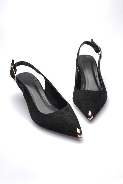 Women's Black Suede Metal Toe Detail 3 Centimeter Heel