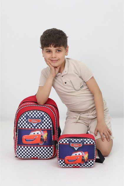 Boy's School Bag Set of 2 – Red Primary School Kindergarten Backpack and Lunch Bag with Trolley
