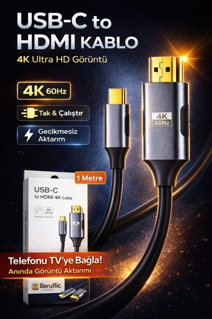 USB-C to HDMI Kablo 4K 60Hz 1 Metre Telefon TV Bağlantı Type-C HDMI Dönüştürücü