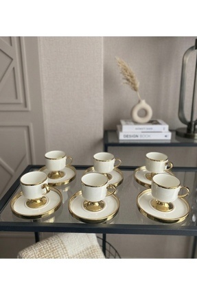 Perotti Cihangir 6 Kişilik Porselen Elegant Çizgili Gold Kahve Fincanı ...