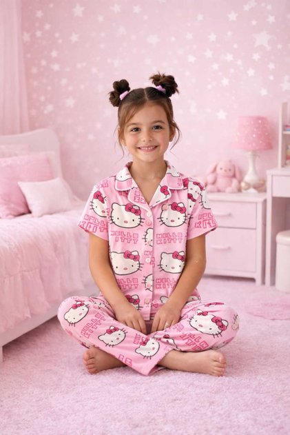 Girls' Button-Down Shirt Collar Summer Short-Sleeved Pajama Set