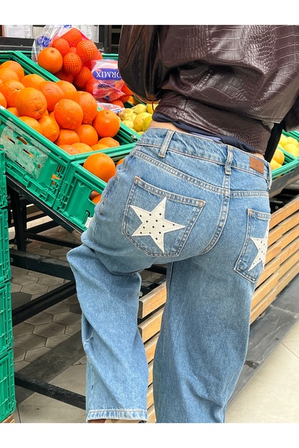 Polka Dot Star Pocket Detailed Low Waist Lightweight Baggy Wide Lige Jean