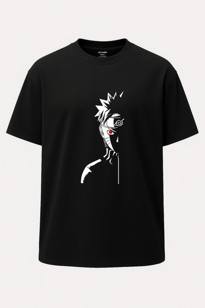 Oversize Naruto Half Face Pose Printed Black T-Shirt - Wide Cut.