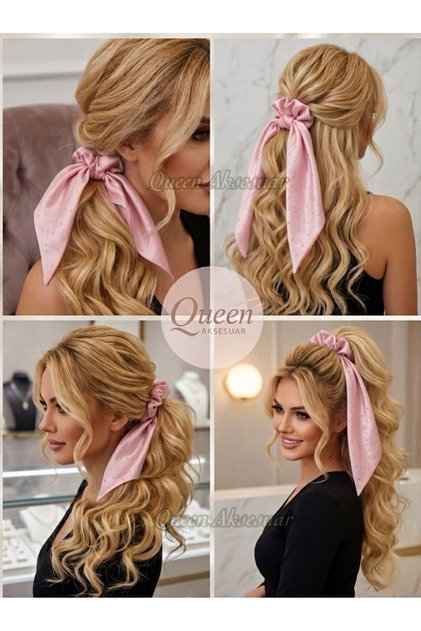 Satin Scarf Scrunchie Hair Clip with Light Pink Stone Detail and Long Pendant Rubber Clip