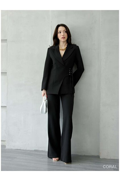 【sakura様】peplum frill wide pants ブラック Coral Yandan Bağcıklı Ceket Pantolon Takım 9295 Siyah - Fiyatı