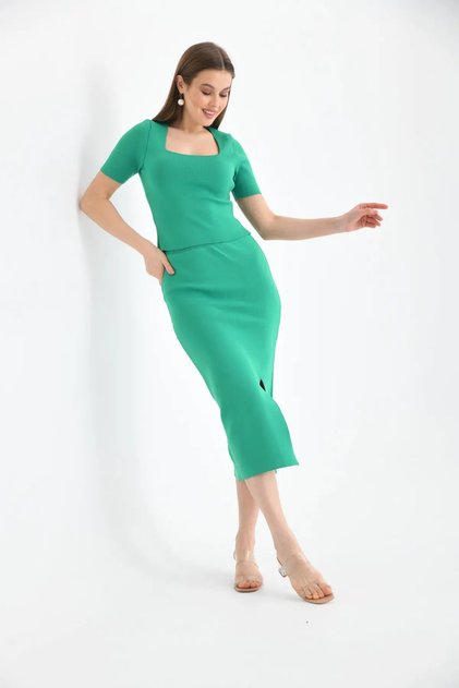 10080 Women's Square Neck Crop Blouse Slit Long Skirt Knitwear Bottom Top Set