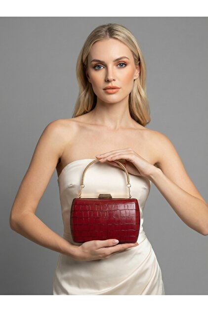 Burgundy Color Matte Leather Crocodile Patterned Women's Evening Dress Bag Wedding Engagement Graduation