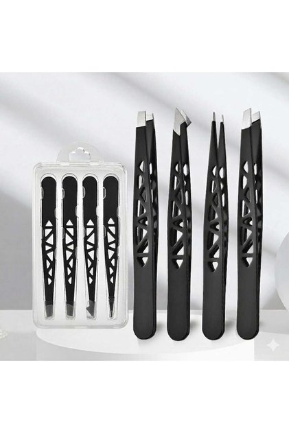 Professional 4-Piece Tweezers Set with Leather Case - Black Series Personal Care Kit