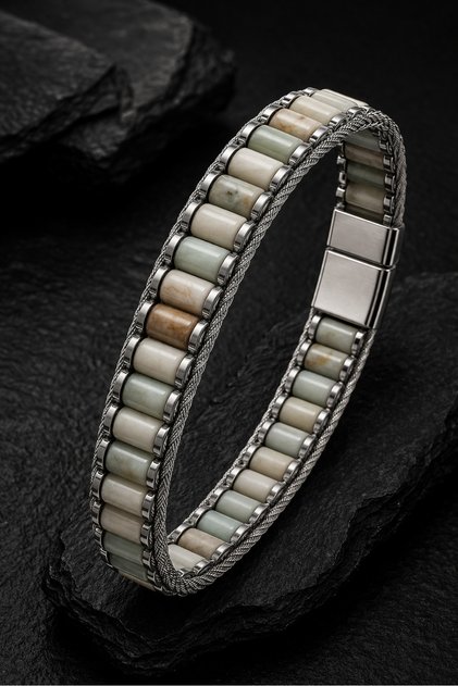 Men's Steel Bracelet with Natural Amazonite Stone, Stainless 316 L Premium Bracelet with Special Magnetic Lock