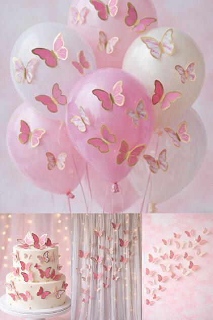 63 Adet Pembe 3D Kelebek Süs Seti 4-6 CM Yapışkan Dahil Balon Pasta Duvar Dekoru