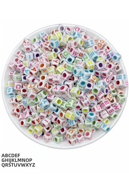 50gr Letter Beads, 6mm Colored Cube Letter Beads on White (50gr, ~330pcs)