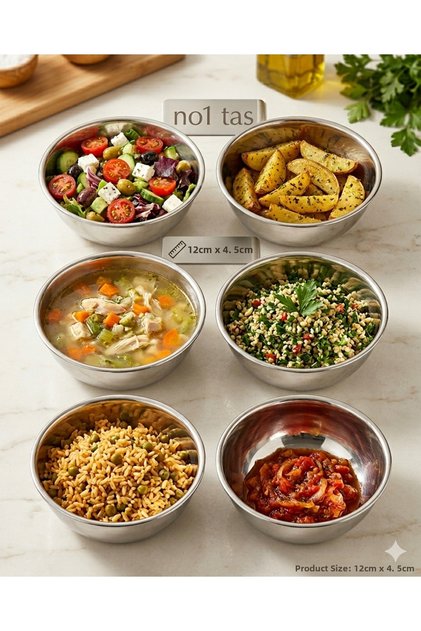 Stainless Steel 6-Piece Soup and Food Bowl Set - 12 cm X 4.5 cm No:1 Tas - Sauce, Appetizer, and Food Plate