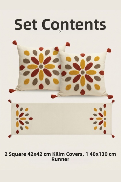 Punch Embroidered Drop Pattern Throw Pillow Runner Set 2 Square Throw Pillows 1 Runner Boho Decorative Living Room Set