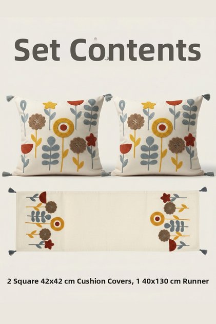 Punch Embroidered Floral Pattern Throw Pillow Runner Set 2 Square Throw Pillows 1 Runner Boho Decorative Living Room Set
